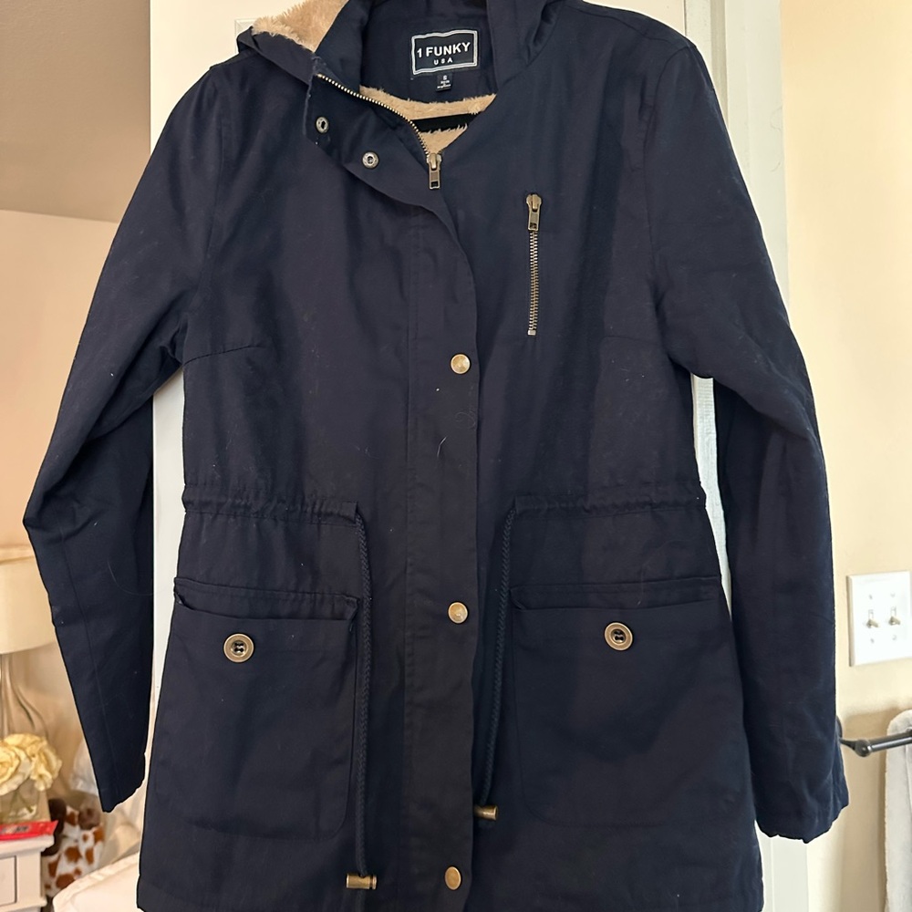 Blue Utility Jacket with Standing Collar and Durable Fabric